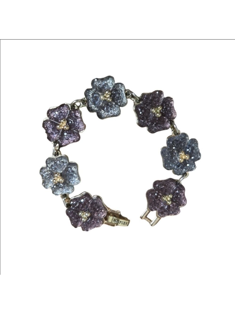 Vintage 80s Napier 2-color Floral Crystal Link Bracelet